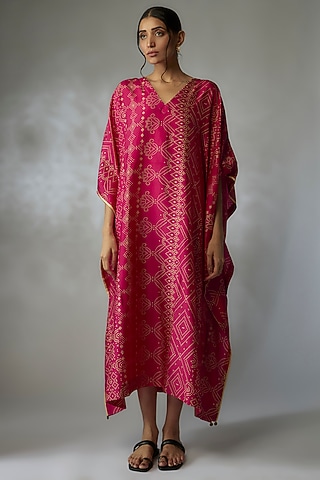 Fuchsia Mulberry Silk Block Printed Kaftan by Divyam Mehta