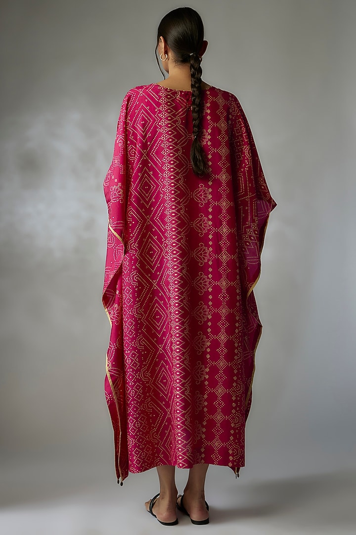 Fuchsia Mulberry Silk Block Printed Kaftan by Divyam Mehta at Pernia's Pop Up Shop