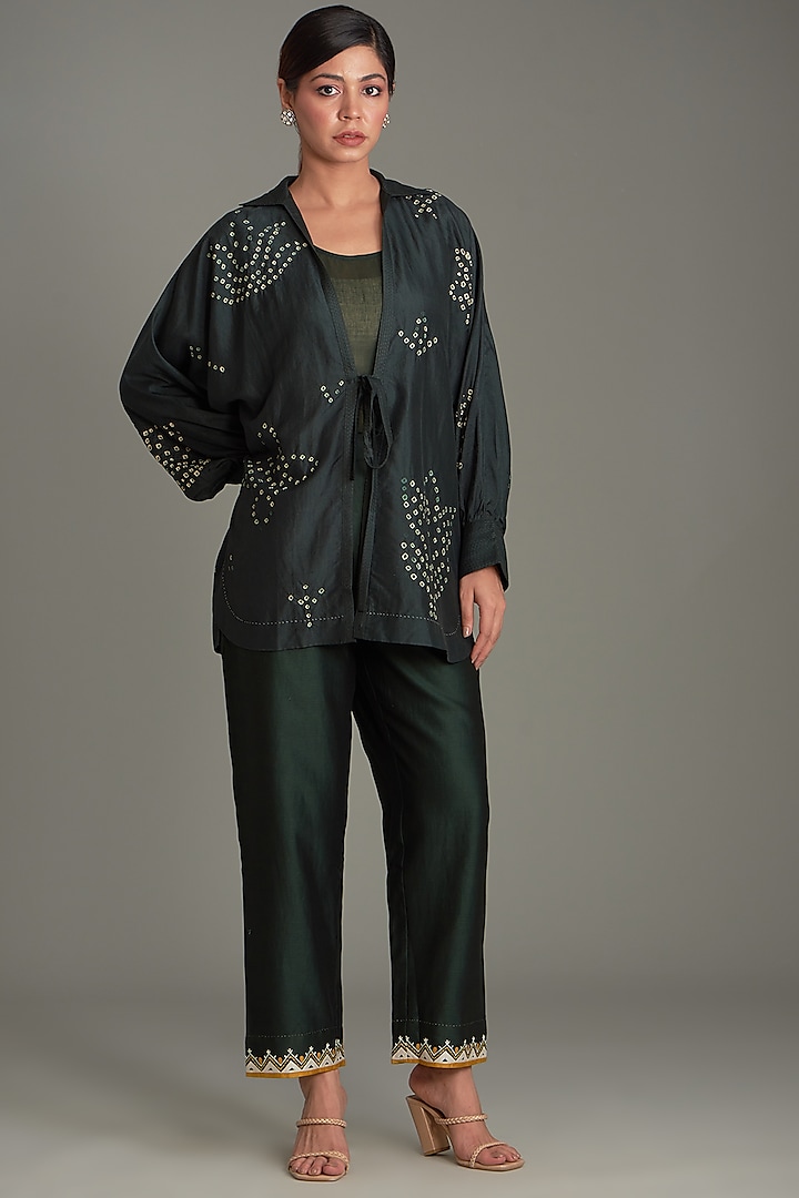 Bottle Green Mulberry Silk Overlay Top by Divyam Mehta at Pernia's Pop Up Shop