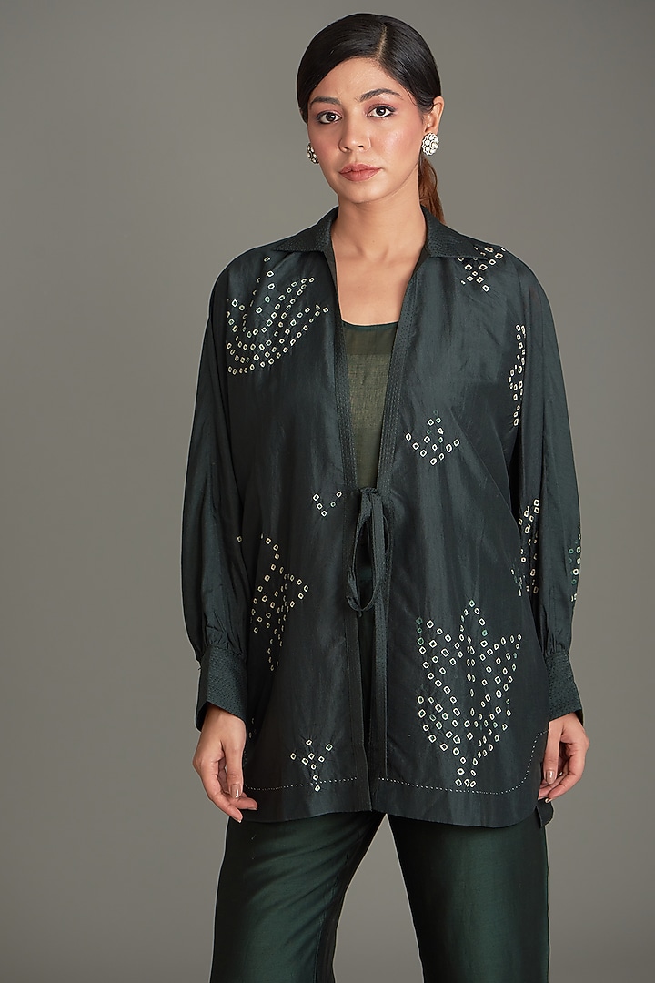 Bottle Green Mulberry Silk Overlay Top by Divyam Mehta at Pernia's Pop Up Shop