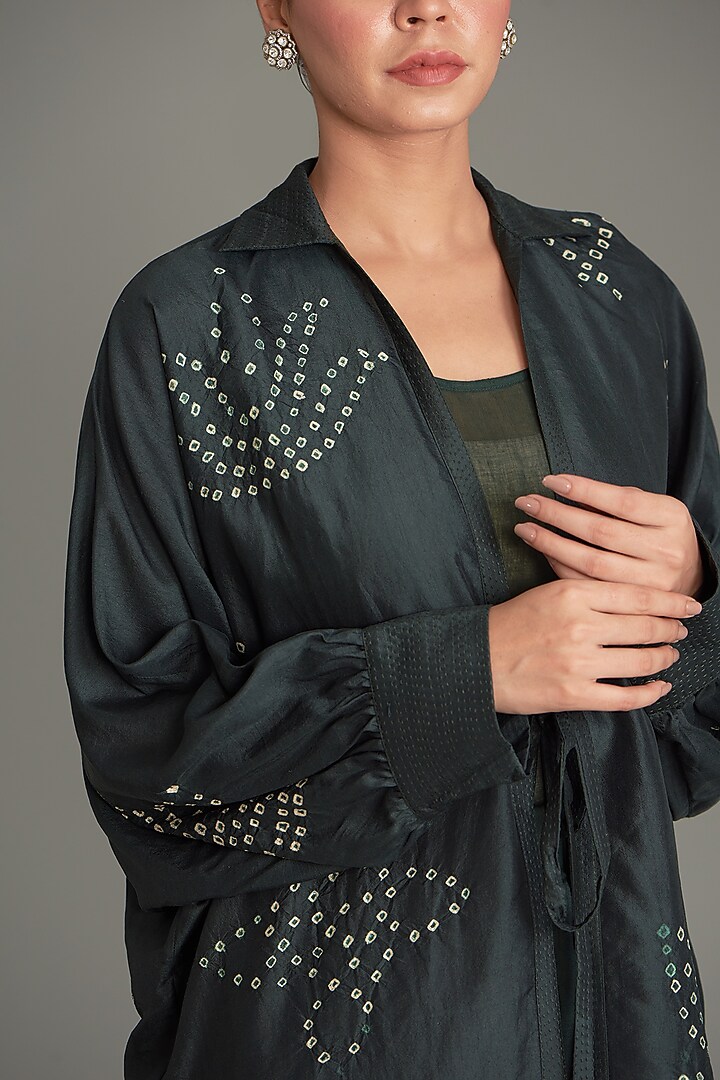 Bottle Green Mulberry Silk Overlay Top by Divyam Mehta at Pernia's Pop Up Shop