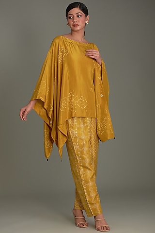 Yellow Mulberry Silk Kaftan Top by Divyam Mehta