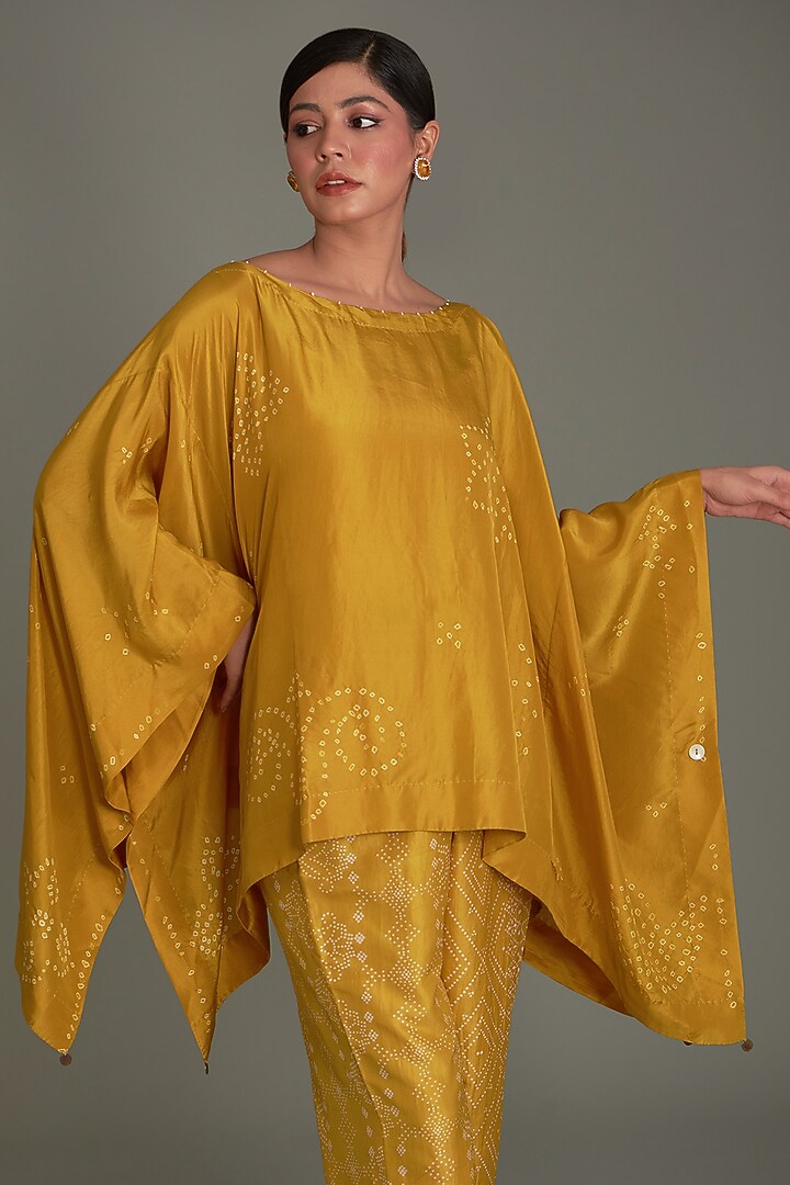 Yellow Mulberry Silk Kaftan Top by Divyam Mehta at Pernia's Pop Up Shop