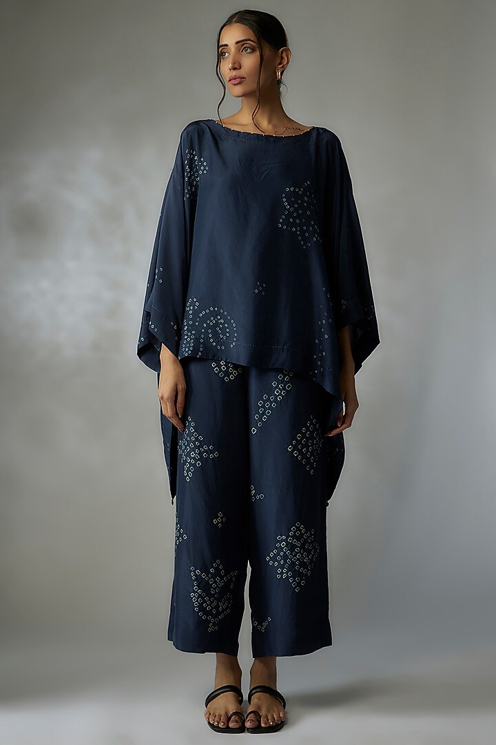 Blue Mulberry Silk Bandhani Co-Ord Set by Divyam Mehta at Pernia's Pop Up Shop
