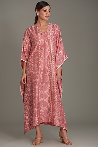 Coral Mulberry Silk Printed Kaftan by Divyam Mehta