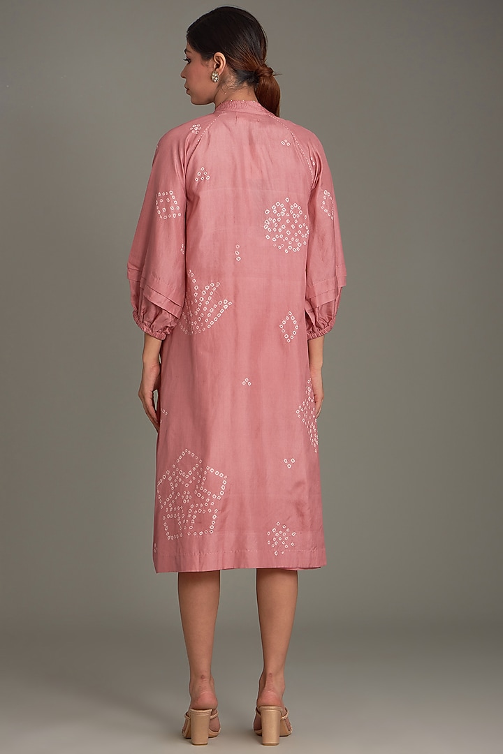 Coral Mulberry Silk Bandhani Midi Vacation Dress by Divyam Mehta at Pernia's Pop Up Shop