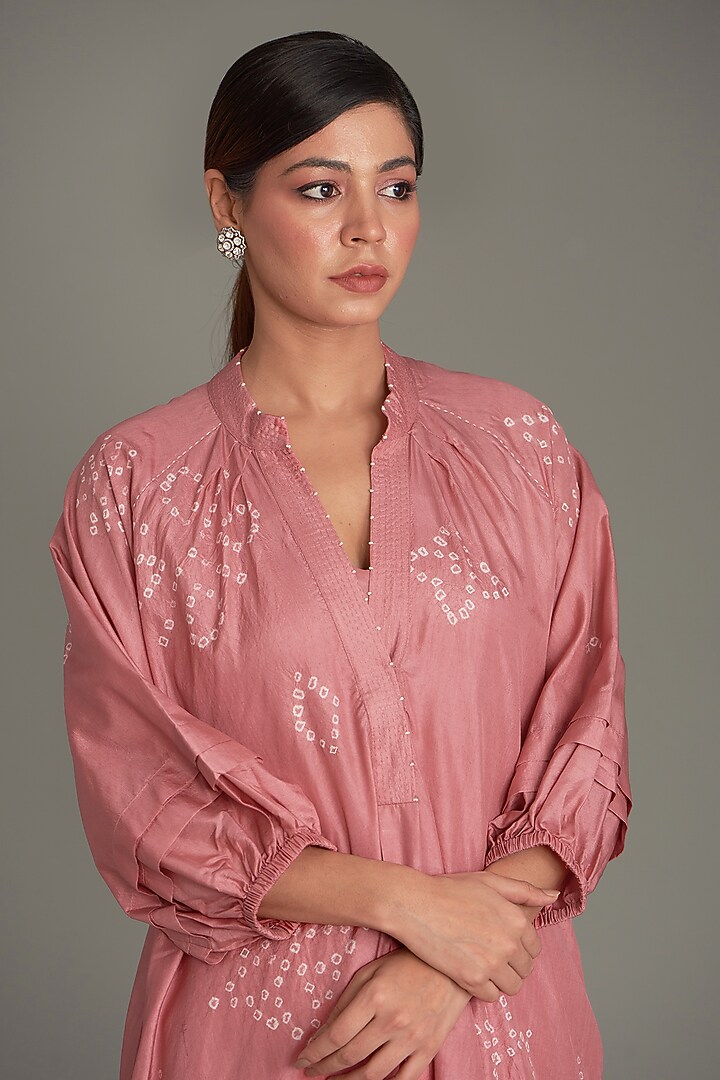Coral Mulberry Silk Bandhani Midi Vacation Dress by Divyam Mehta at Pernia's Pop Up Shop