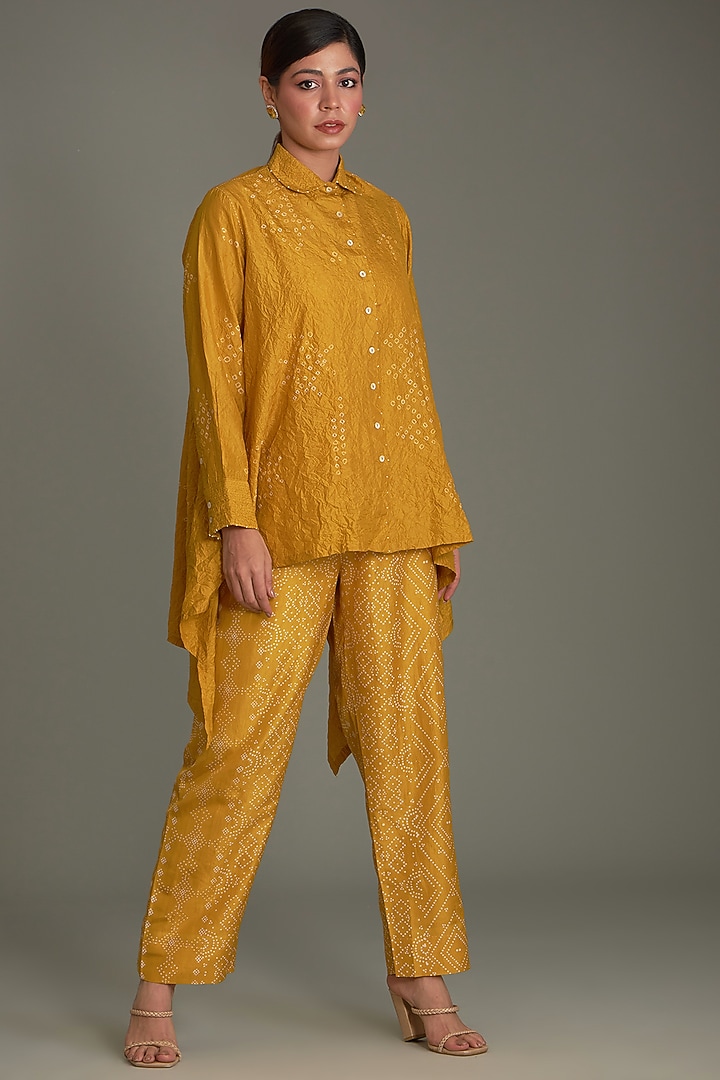 Mustard Mulberry Bandhani Shirt by Divyam Mehta at Pernia's Pop Up Shop
