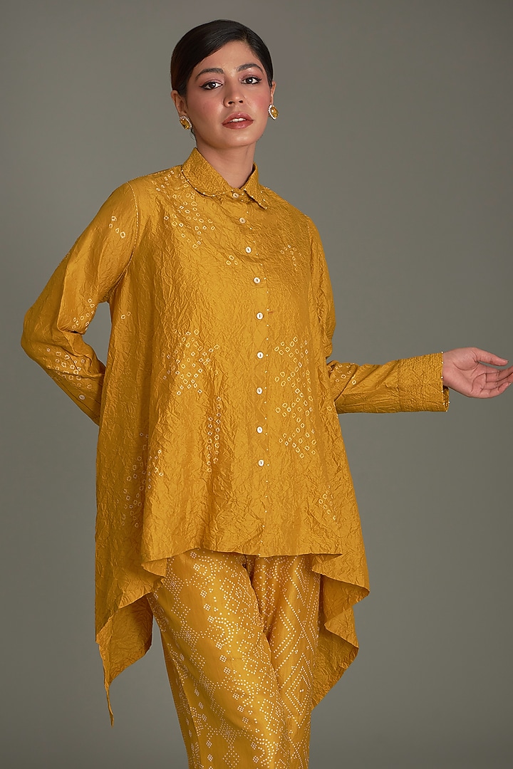 Mustard Mulberry Bandhani Shirt by Divyam Mehta at Pernia's Pop Up Shop