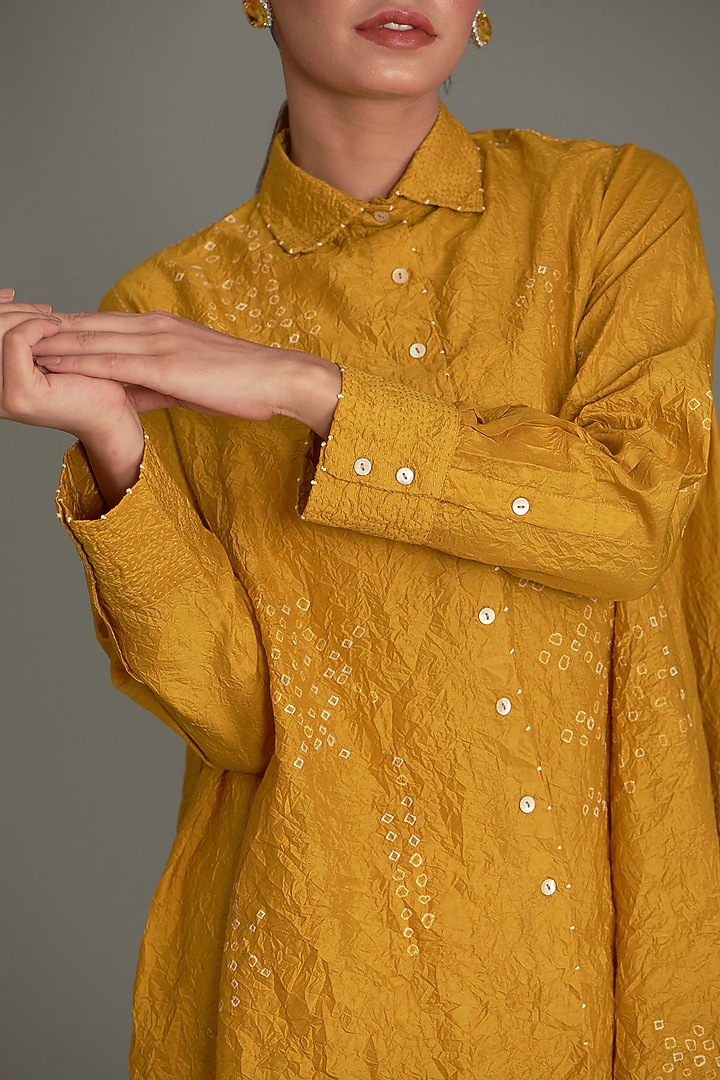 Mustard Mulberry Bandhani Shirt by Divyam Mehta at Pernia's Pop Up Shop