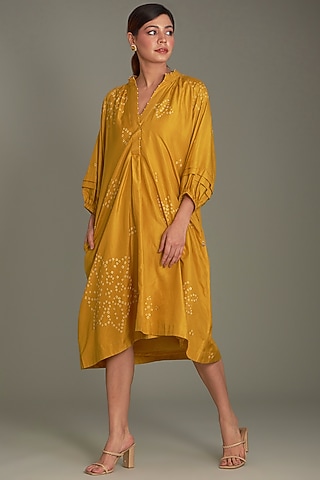 Mustard Mulberry Silk Bandhani Midi Dress by Divyam Mehta