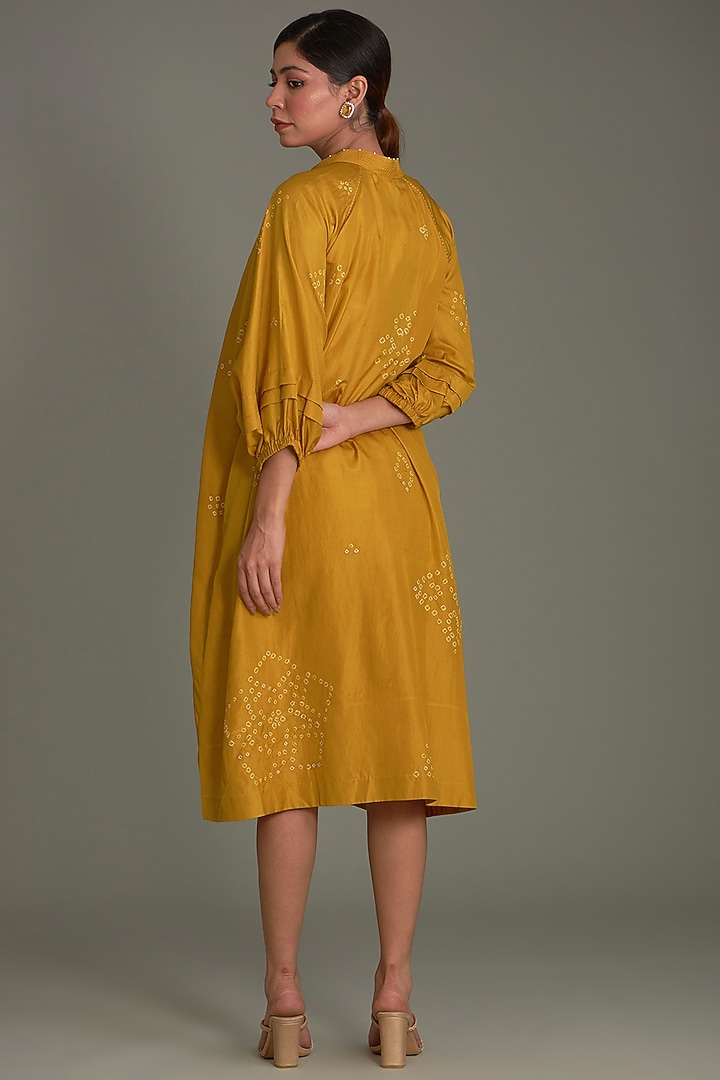 Mustard Mulberry Silk Bandhani Midi Vacation Dress by Divyam Mehta at Pernia's Pop Up Shop