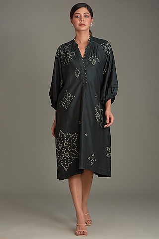 Bottle Green Mulberry Silk Bandhani Midi Dress by Divyam Mehta