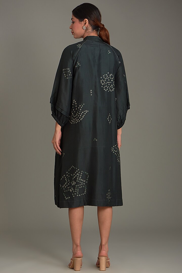 Bottle Green Mulberry Silk Bandhani Midi Vacation Dress by Divyam Mehta at Pernia's Pop Up Shop