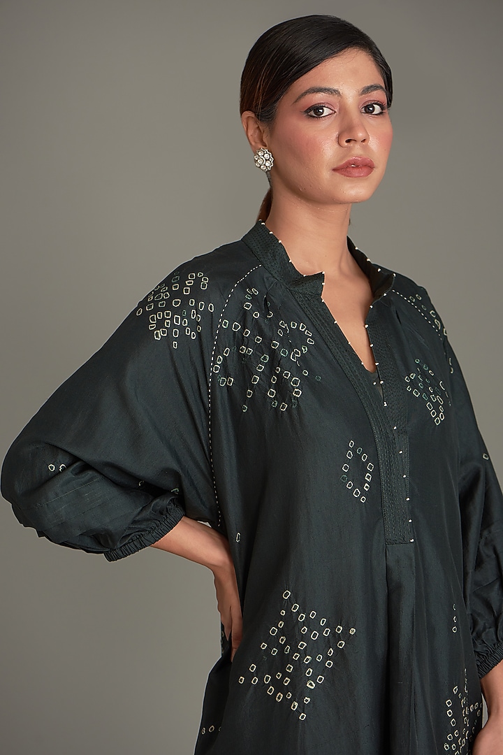 Bottle Green Mulberry Silk Bandhani Midi Vacation Dress by Divyam Mehta at Pernia's Pop Up Shop