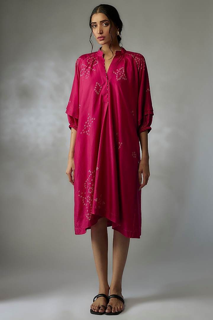 Fuchsia Mulberry Silk Bandhani Vacation Dress by Divyam Mehta at Pernia's Pop Up Shop