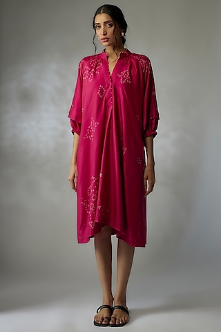 Fuchsia Mulberry Silk Bandhani Dress by Divyam Mehta