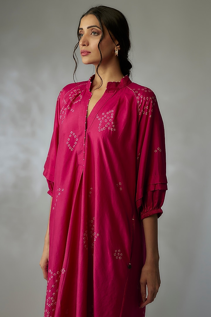 Fuchsia Mulberry Silk Bandhani Vacation Dress by Divyam Mehta at Pernia's Pop Up Shop