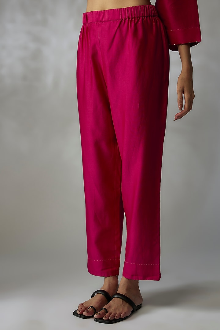 Fuchsia Dupion Silk Embroidered Kurta Set by Divyam Mehta at Pernia's Pop Up Shop