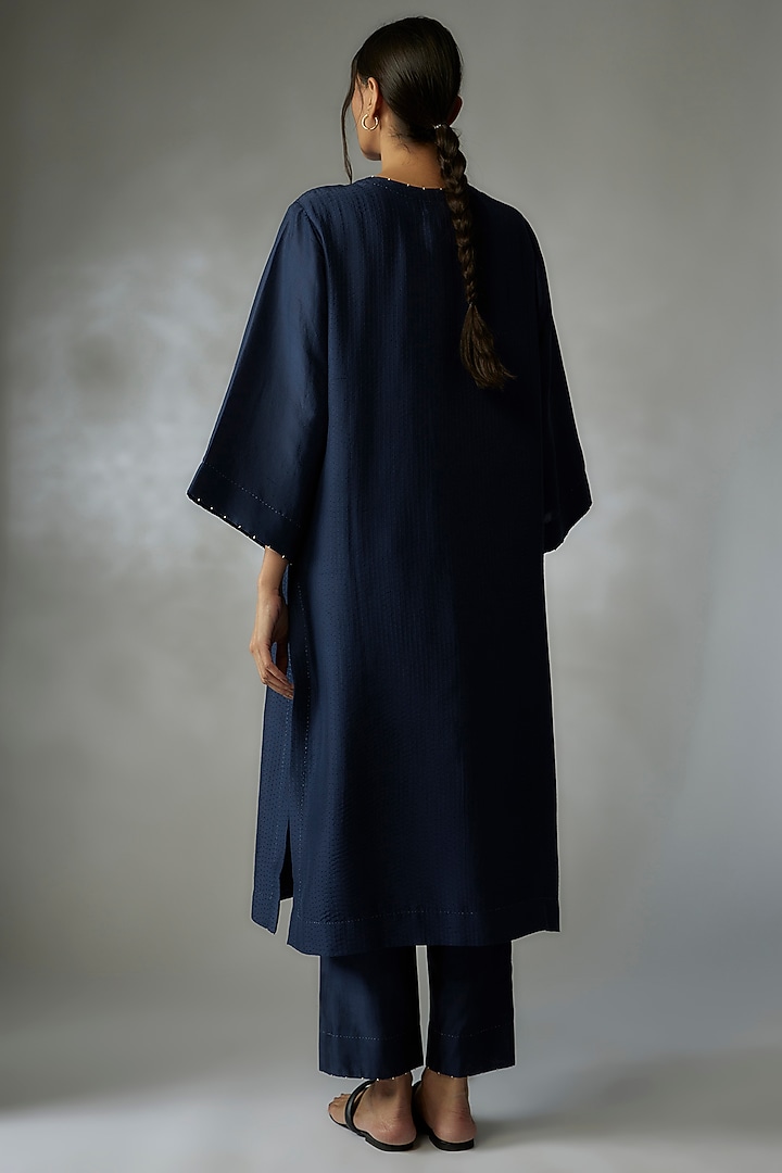 Blue Dupion Silk Embroidered Kurta Set by Divyam Mehta at Pernia's Pop Up Shop