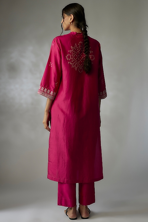 Fuchsia Mulberry Silk Bandhani & Embroidered Kurta Set by Divyam Mehta