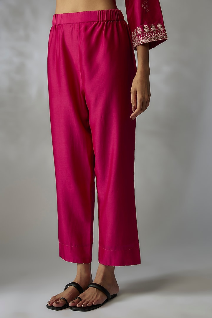 Fuchsia Mulberry Silk Bandhani & Embroidered Kurta Set by Divyam Mehta at Pernia's Pop Up Shop
