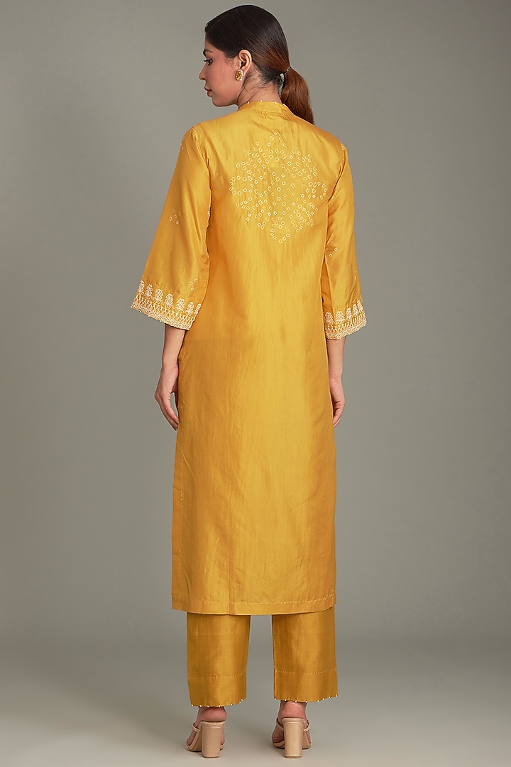 Mustard Mulberry Bandhani Kurta Set by Divyam Mehta at Pernia's Pop Up Shop