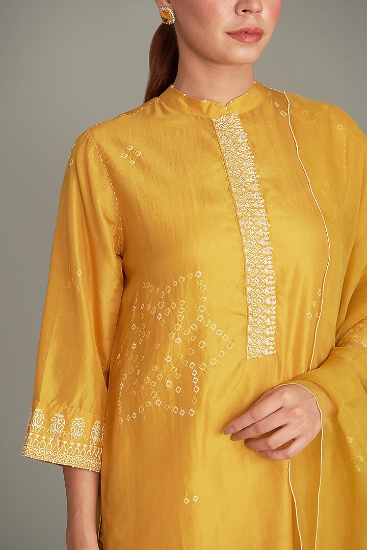 Mustard Mulberry Bandhani Kurta Set by Divyam Mehta at Pernia's Pop Up Shop
