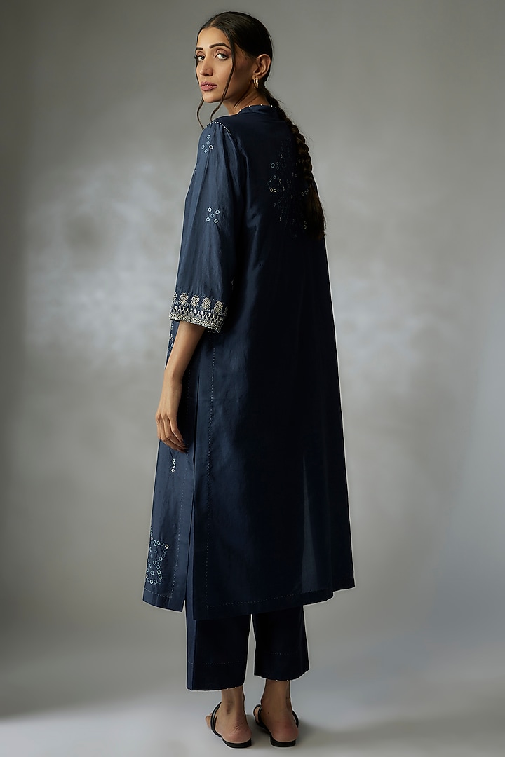 Blue Mulberry Silk Bandhani & Embroidered Kurta Set by Divyam Mehta at Pernia's Pop Up Shop