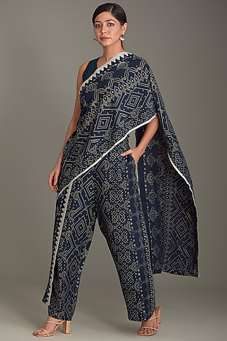 Blue Matka Silk Pant Saree by Divyam Mehta