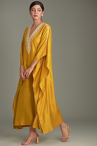 Mustard Mulberry Silk Embroidered Kaftan by Divyam Mehta