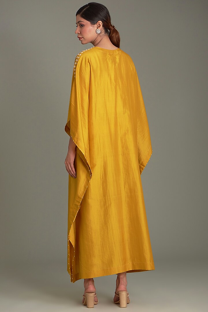 Mustard Mulberry Silk Embroidered Kaftan by Divyam Mehta at Pernia's Pop Up Shop