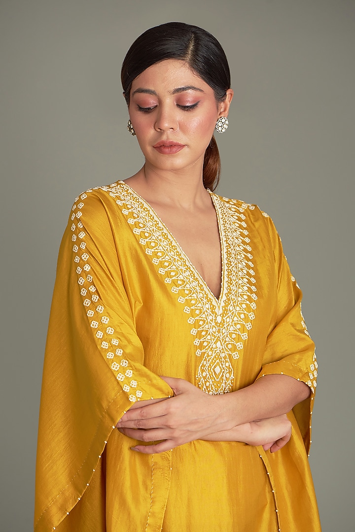 Mustard Mulberry Silk Embroidered Kaftan by Divyam Mehta at Pernia's Pop Up Shop