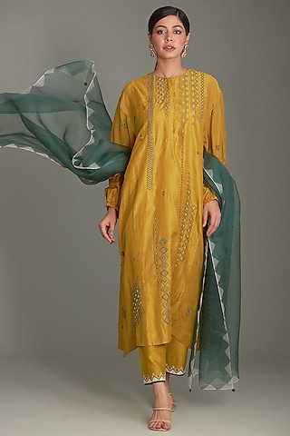 Mustard Mulberry Silk Kurta Set by Divyam Mehta