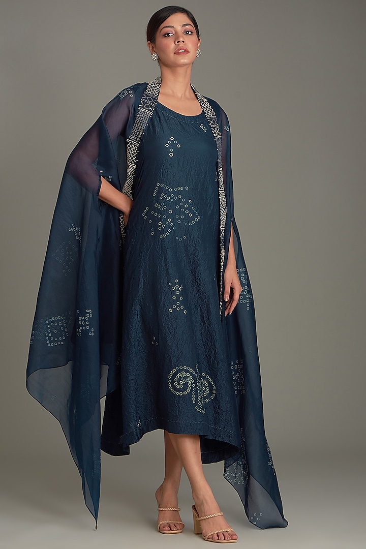 Blue Mulberry Silk Bandhani Jacket Dress by Divyam Mehta