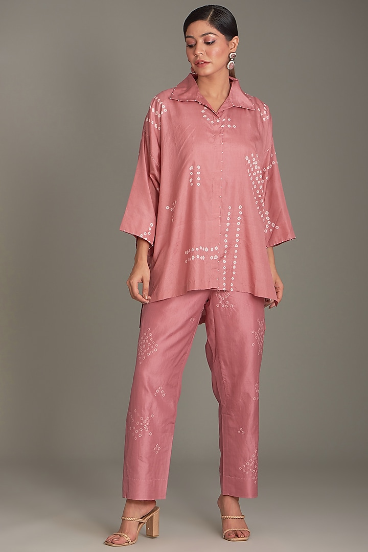 Coral Mulberry Silk Bandhani Shirt by Divyam Mehta at Pernia's Pop Up Shop