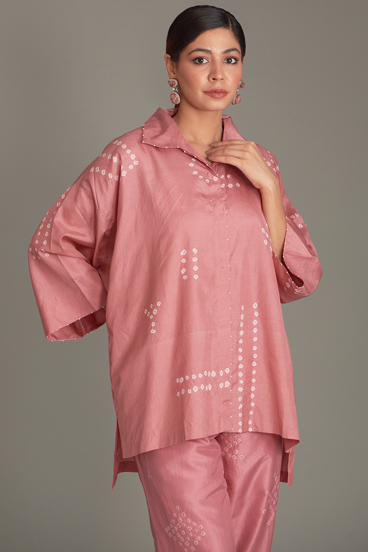 Coral Mulberry Silk Bandhani Shirt by Divyam Mehta at Pernia's Pop
