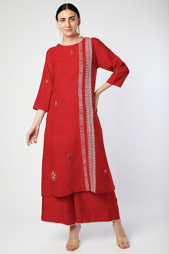 Poppy Red Matka Silk Embroidered Kurta Set by Divyam Mehta