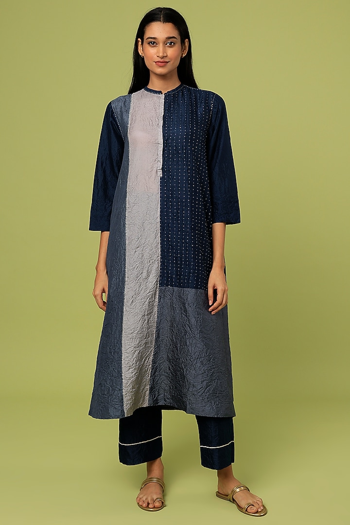 Blue Mulberry Silk Kurta Set by Divyam Mehta at Pernia's Pop Up Shop