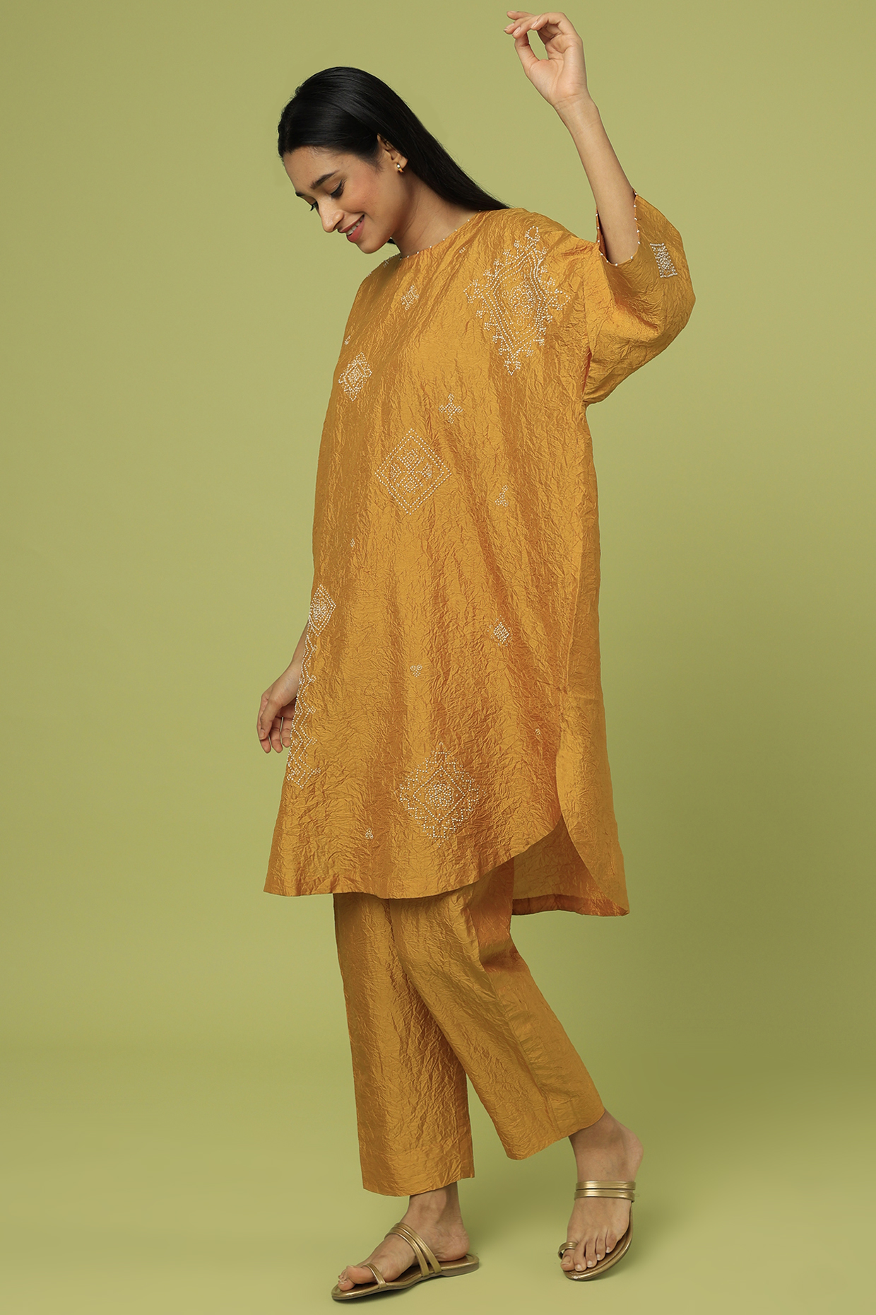 Mustard Mulberry Silk Kurta Set by Divyam Mehta at Pernia's Pop Up Shop