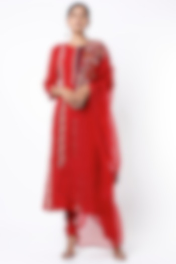 Poppy Red Kantha Embroidered Kurta Set by Divyam Mehta at Pernia's Pop Up Shop