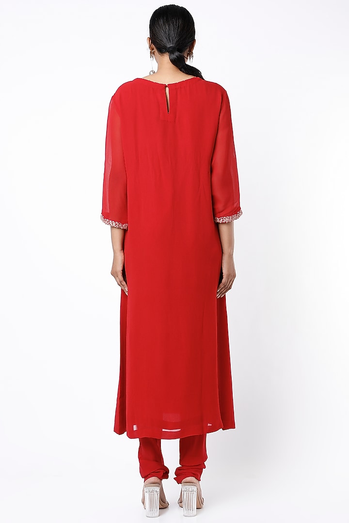Poppy Red Kantha Embroidered Kurta Set by Divyam Mehta at Pernia's Pop Up Shop