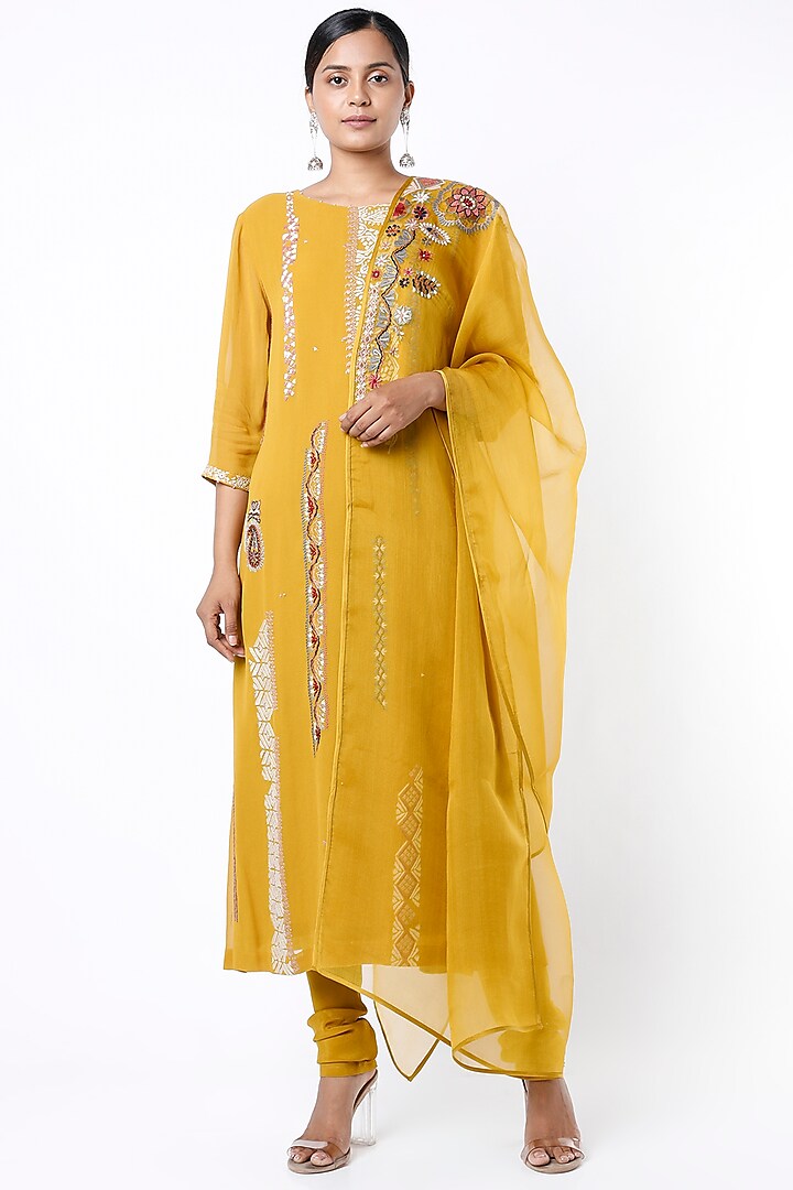 Sarson Yellow Aari Embroidered Kurta Set by Divyam Mehta