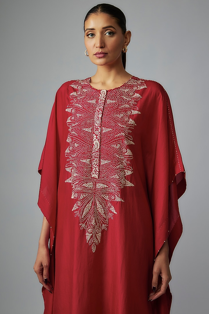 Red Mulberry Silk Embroidered Kaftan Set by Divyam Mehta at Pernia's Pop Up Shop