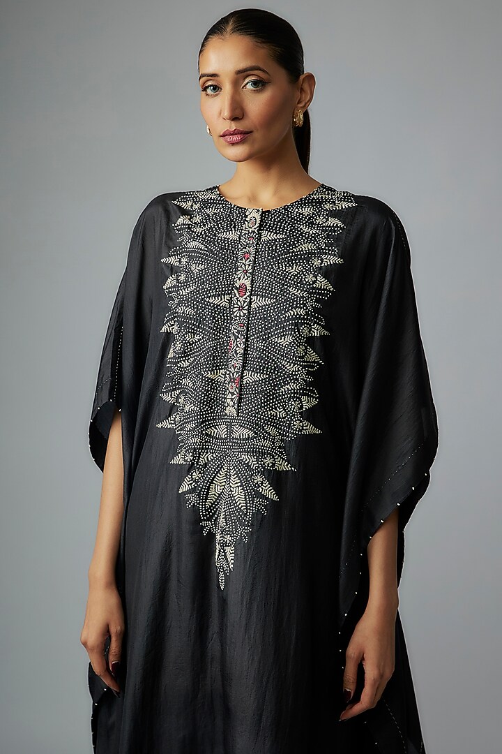 Black Mulberry Silk Embroidered Kaftan Set by Divyam Mehta at Pernia's Pop Up Shop