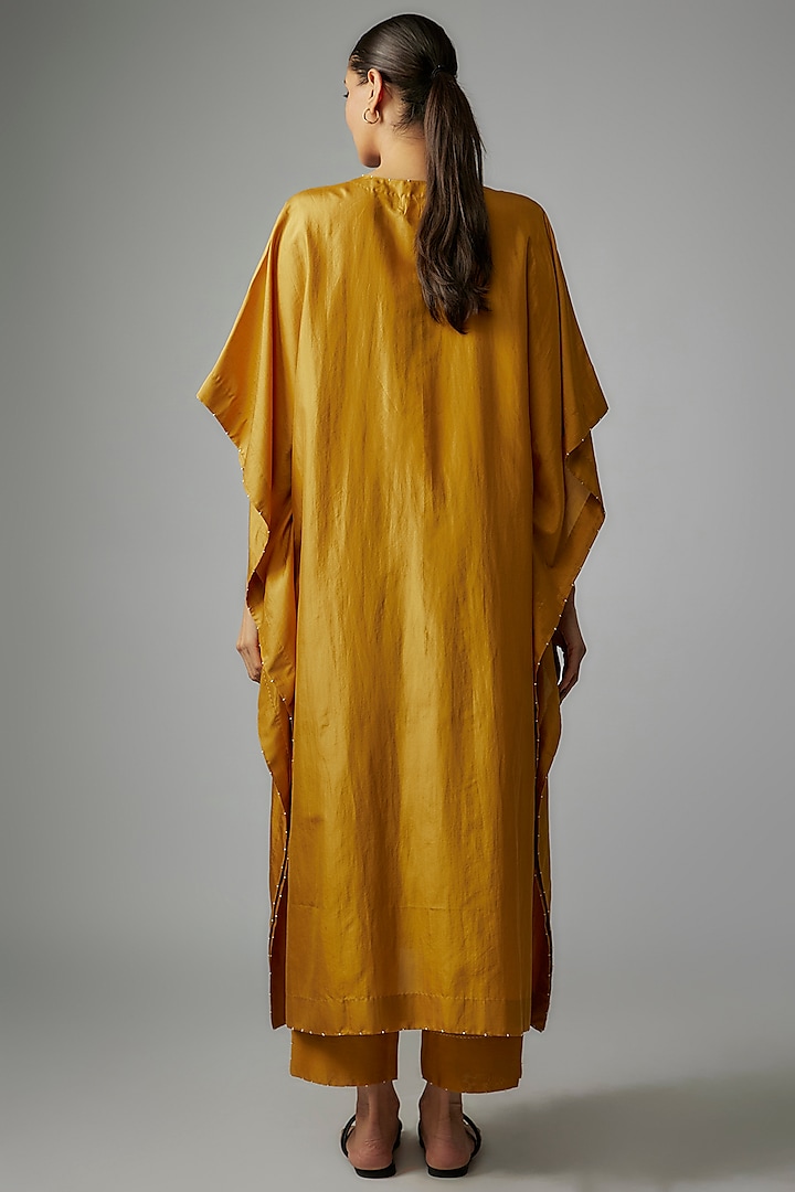 Yellow Mulberry Silk Embroidered Kaftan Set by Divyam Mehta at Pernia's Pop Up Shop
