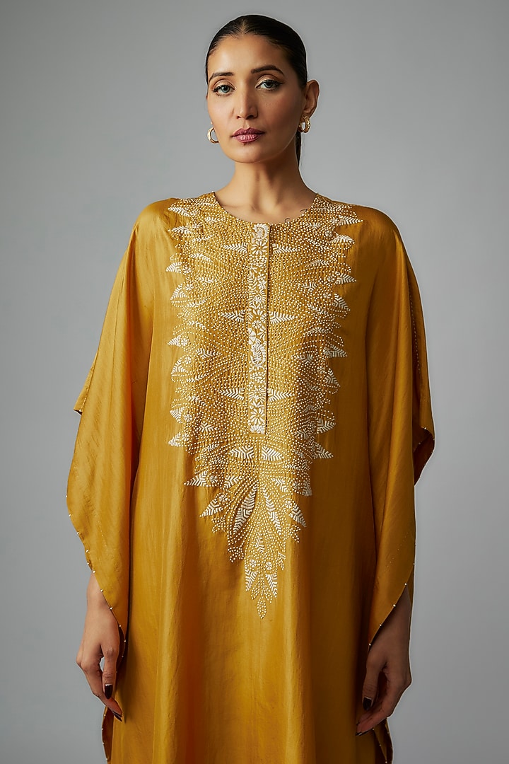 Yellow Mulberry Silk Embroidered Kaftan Set by Divyam Mehta at Pernia's Pop Up Shop