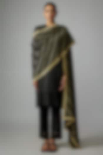 Black Mulberry Silk Handmade Kantha Kurta Set by Divyam Mehta at Pernia's Pop Up Shop