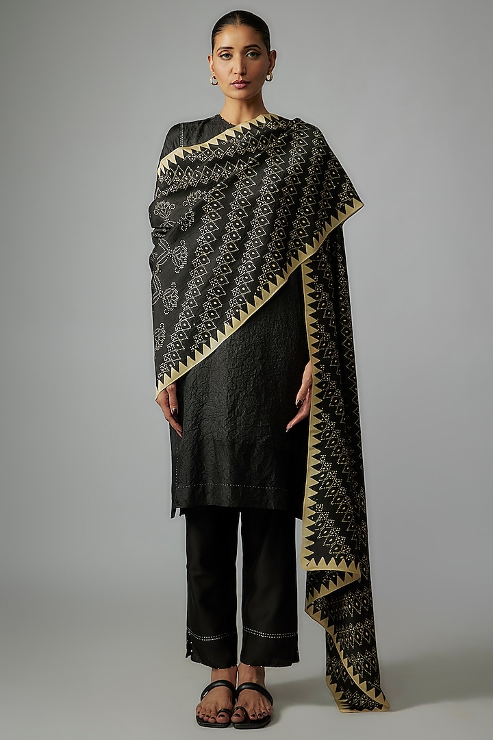 Black Mulberry Silk Handmade Kantha Kurta Set by Divyam Mehta at Pernia's Pop Up Shop