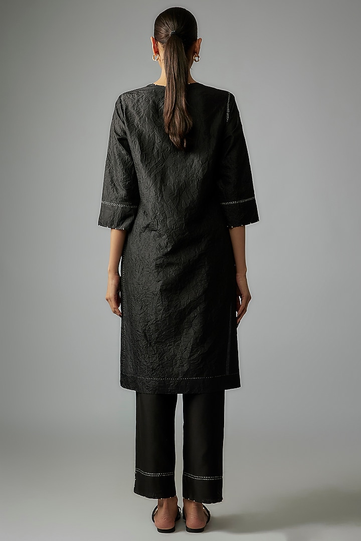 Black Mulberry Silk Handmade Kantha Kurta Set by Divyam Mehta at Pernia's Pop Up Shop